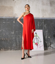 Load image into Gallery viewer, ONE-SHOULDER DRAPED SATIN DRESS