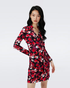 JEANNE SILK JERSEY WRAP DRESS IN PASSION PETALS BERRY RED