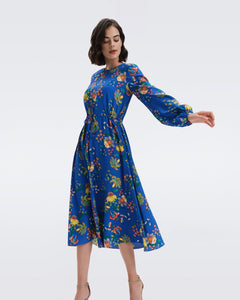 DVF SYDNEY MIDI DRESS SUMMER BOUQUETS INDIGO