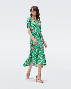 DVF ORLA DRESS BUTTERFLY FLORAL SIG GREEN