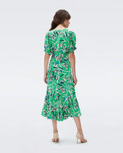 Load image into Gallery viewer, DVF ORLA DRESS BUTTERFLY FLORAL SIG GREEN