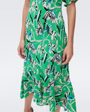 Load image into Gallery viewer, DVF ORLA DRESS BUTTERFLY FLORAL SIG GREEN