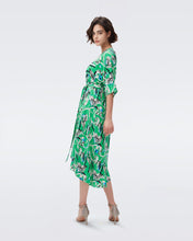 Load image into Gallery viewer, DVF ELOISE MIDI DRESS BUTTERFLY FLORAL SIG GREEN