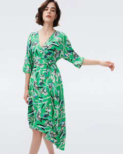 DVF ELOISE MIDI DRESS BUTTERFLY FLORAL SIG GREEN